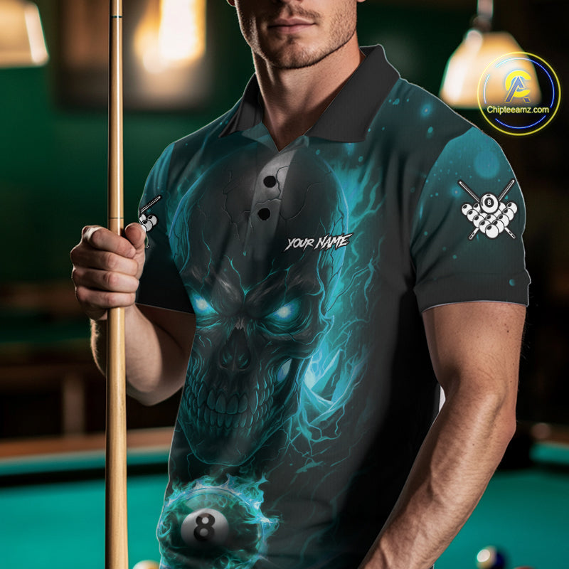 Personalized Turquoise Billiard Skull Fire 8 Ball Pool Shirt For Men Custom Billiard Team Jersey TDM5080