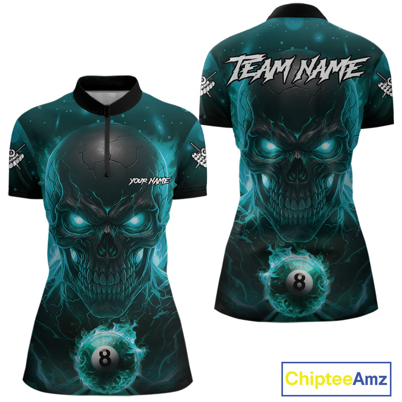 Personalized Turquoise Billiard Skull Fire 8 Ball Pool Shirt For Women Custom Billiard Team Jersey TDM5080