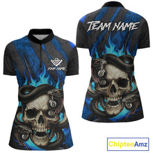 Load image into Gallery viewer, Personalized Skull And Snakes Flame Billiard Shirt For Women Custom 8 Ball Pool Team Jersey |Blue TDM5085
