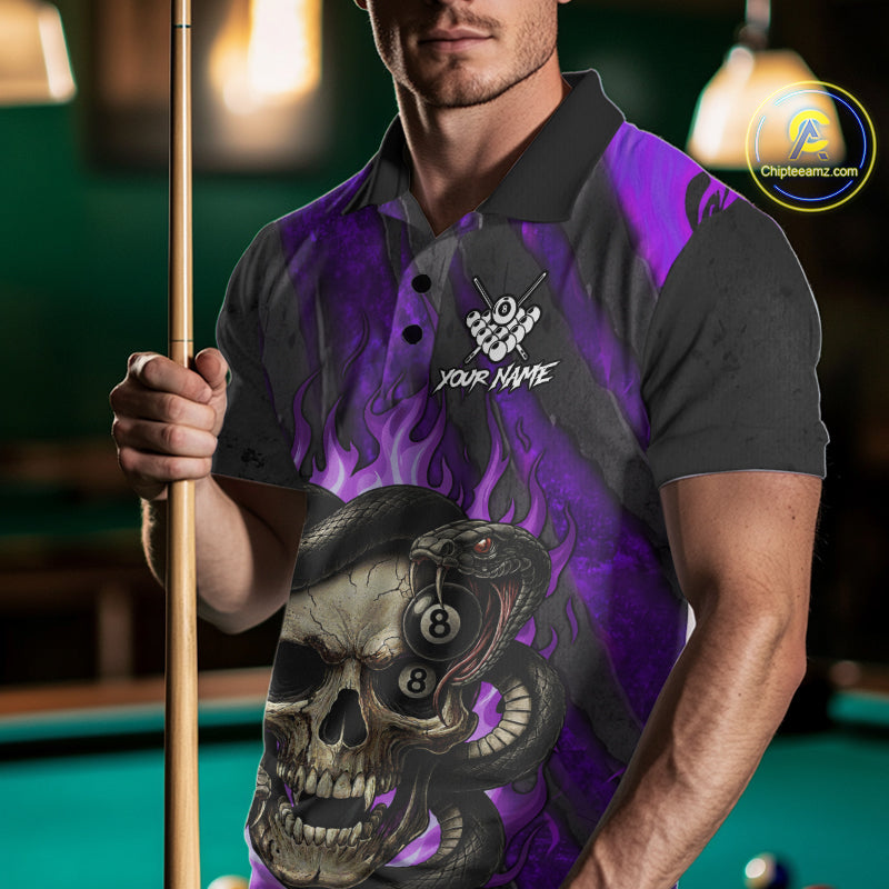 Personalized Skull And Snakes Flame Billiard Shirt For Men Custom 8 Ball Pool Team Jersey |Purple TDM5086