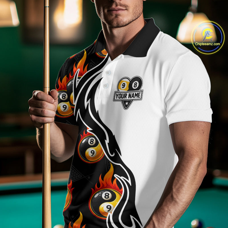 Custom Flame 8 Ball 9 Ball Billiard Shirt For Men, Billiard Pool Team Jersey Polo & 1/4 Zip Shirt TDM6175