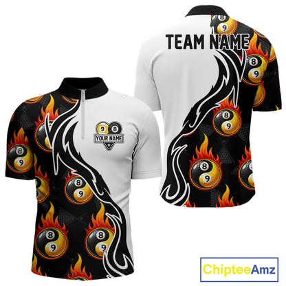 Custom Flame 8 Ball 9 Ball Billiard Shirt For Men, Billiard Pool Team Jersey Polo & 1/4 Zip Shirt TDM6175