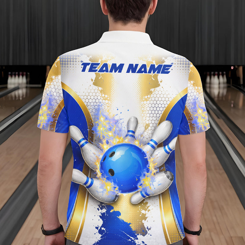 Bowling Ball Splatter Custom White, Blue & Gold Men's Bowling Shirt, Bowling Jersey Polo & 1/4 Zip TDM6178