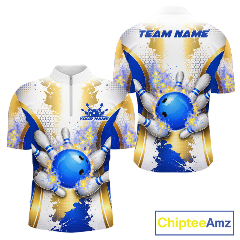 Bowling Ball Splatter Custom White, Blue & Gold Men's Bowling Shirt, Bowling Jersey Polo & 1/4 Zip TDM6178
