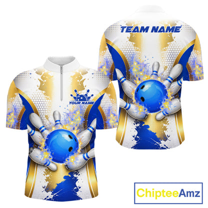 Bowling Ball Splatter Custom White, Blue & Gold Men's Bowling Shirt, Bowling Jersey Polo & 1/4 Zip TDM6178