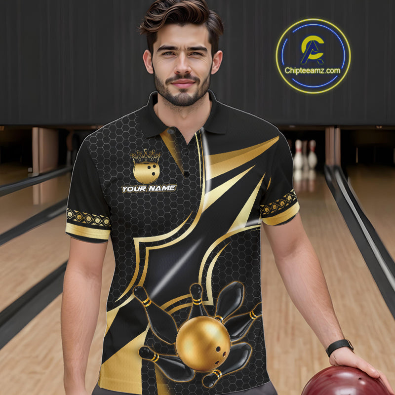 Man wearing a black and gold bowling ball bowling polo shirt front view, custom bowling league jersey for men.