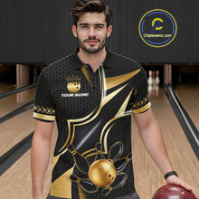 Load image into Gallery viewer, Man wearing a black and gold bowling ball bowling polo shirt front view, custom bowling league jersey for men.