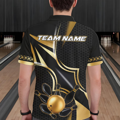 Back view of man wearing a black and gold bowling ball bowling polo shirt, custom bowling team jersey design.