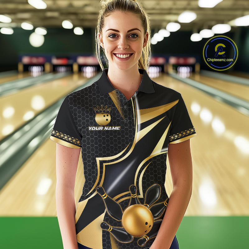 Woman wearing a black and gold bowling ball bowling polo shirt front view, custom bowling league jersey for women.