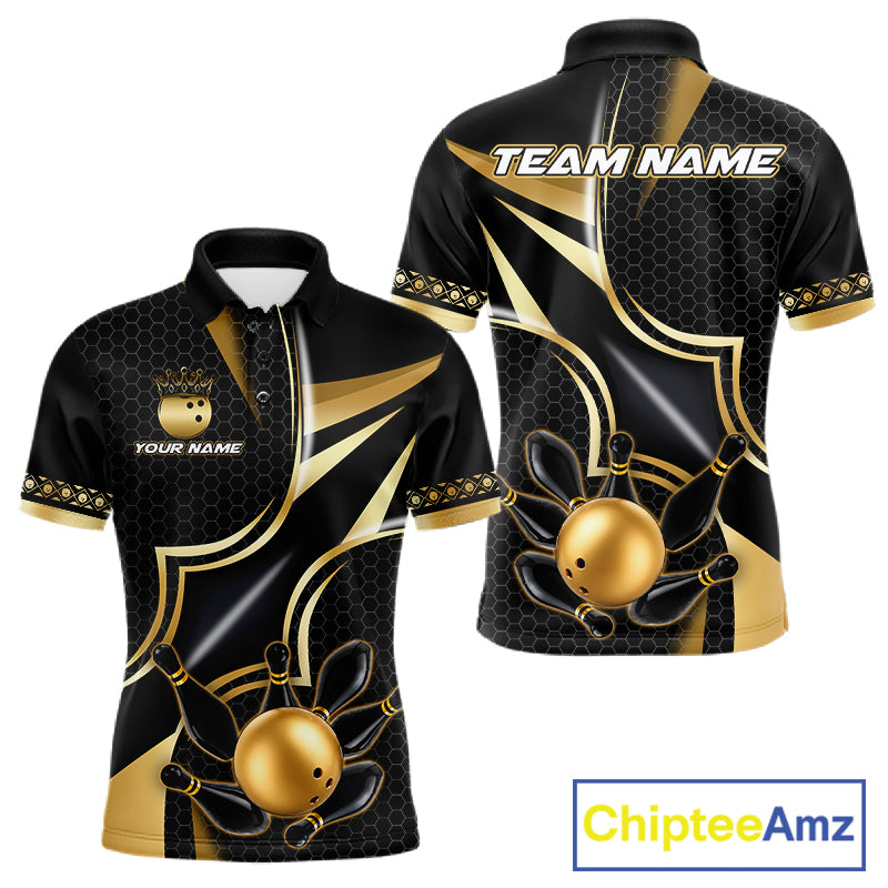 Black and gold bowling ball bowling team polo shirt for men with custom league graphics.
