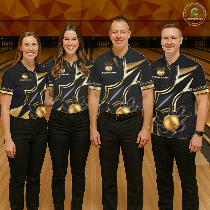 Bowling team wearing matching black and gold bowling ball custom bowling jerseys front view.