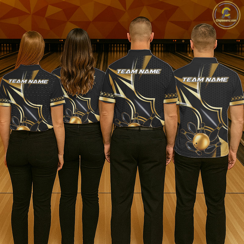 Back view of bowling team wearing matching black and gold bowling league jerseys.