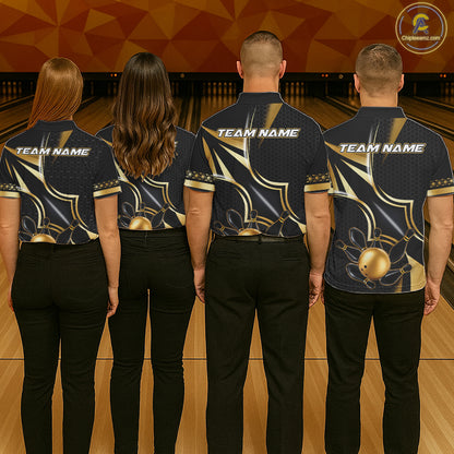 Back view of bowling team wearing matching black and gold bowling league jerseys.