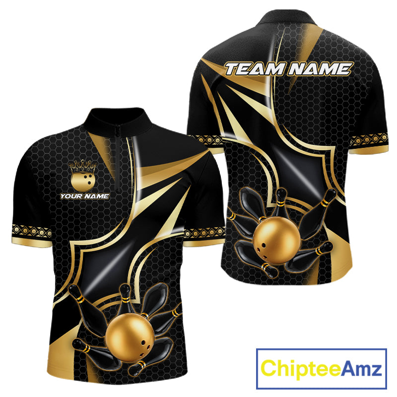 Black and gold bowling ball quarter zip bowling shirt for men, custom bowling team jersey and tournament apparel.