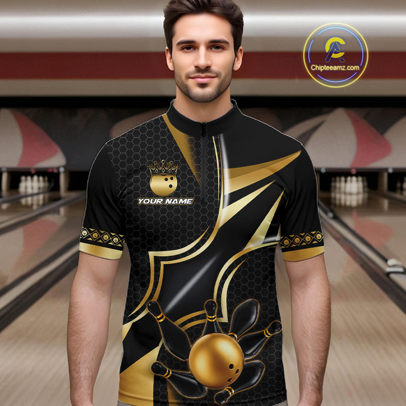 Man wearing a black and gold bowling ball quarter zip bowling shirt front view, personalized bowling team apparel.
