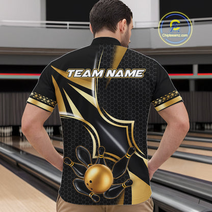 Back view of man wearing a black and gold bowling ball quarter zip bowling shirt, bowling league team uniform.