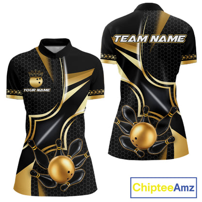 Black and gold bowling ball quarter zip bowling shirt for women, custom bowling team jersey and tournament apparel.
