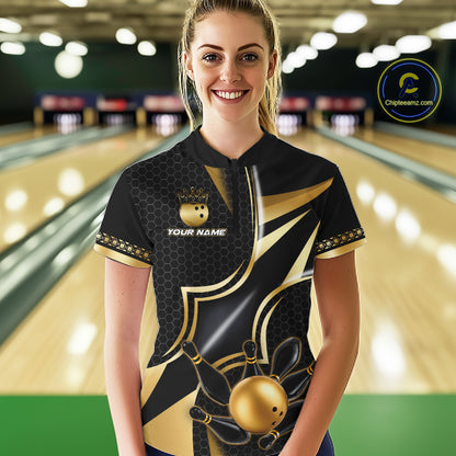 Woman wearing a black and gold bowling ball quarter zip bowling shirt front view, personalized bowling team apparel.