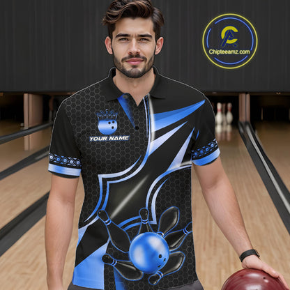 Man wearing a black and blue bowling ball bowling polo shirt front view, custom bowling league jersey for men.