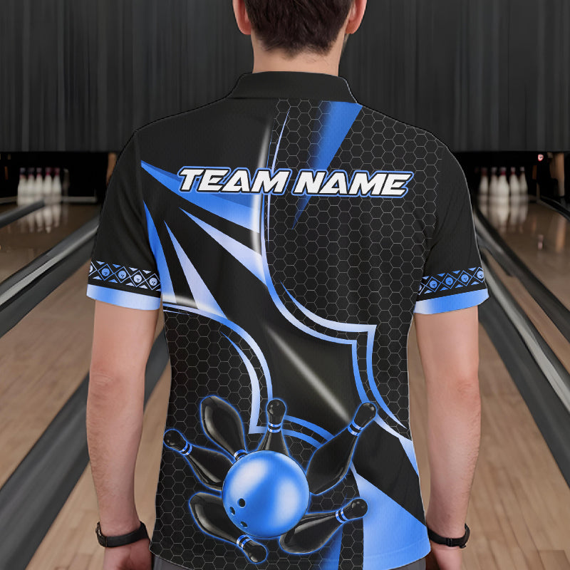 Back view of man wearing a black and blue bowling ball bowling polo shirt, custom bowling team jersey design.