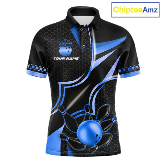 Black and blue bowling ball custom bowling polo shirt for men, personalized bowling team jersey for league tournaments.