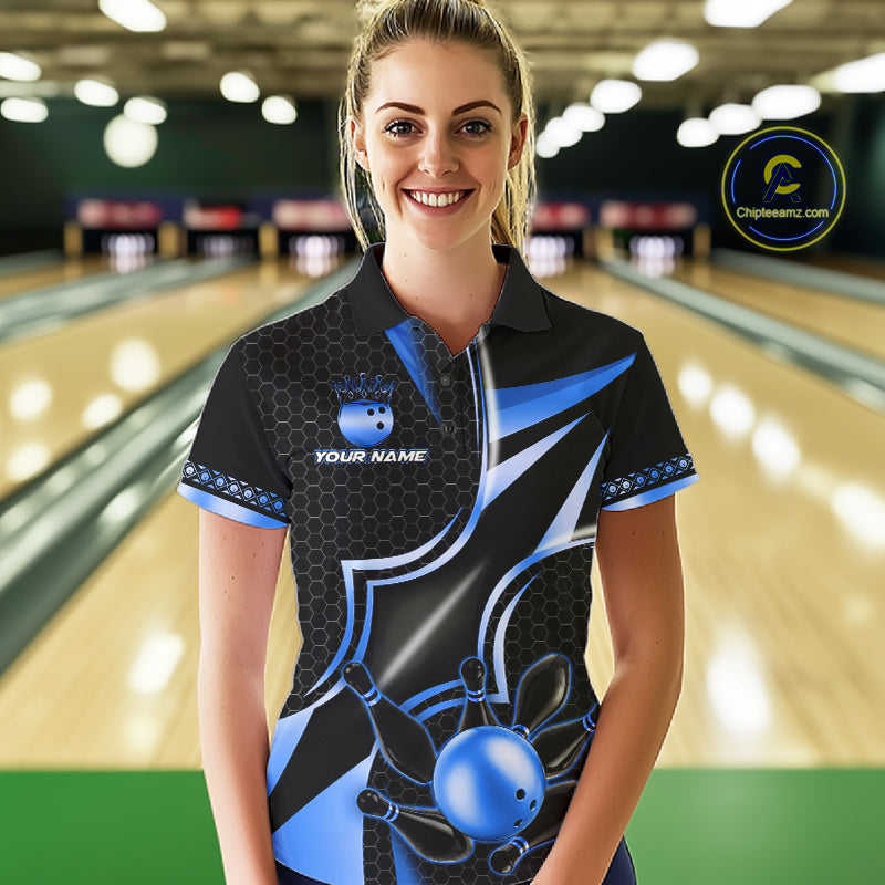 Woman wearing a black and blue bowling ball bowling polo shirt front view, custom bowling league jersey for women.