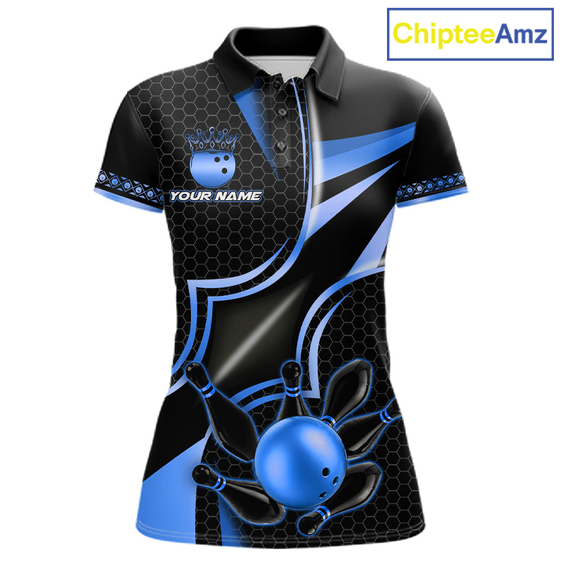 Black and blue bowling ball custom bowling polo shirt for women, personalized bowling team jersey for league tournaments.