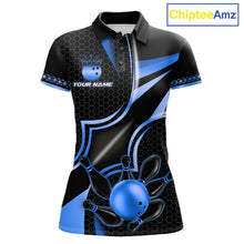 Load image into Gallery viewer, Black and blue bowling ball custom bowling polo shirt for women, personalized bowling team jersey for league tournaments.