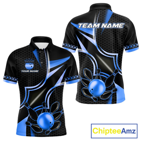 Black and blue bowling ball bowling team polo shirt for men with custom league graphics.