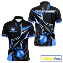 Load image into Gallery viewer, Black and blue bowling ball bowling team polo shirt for men with custom league graphics.