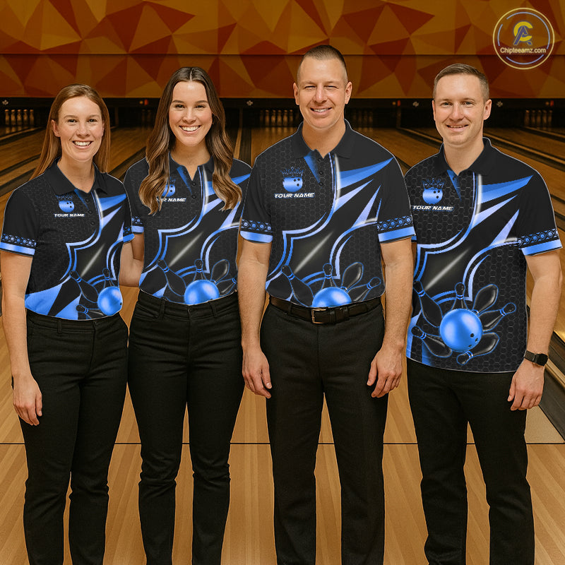 Bowling team wearing matching black and blue bowling ball custom bowling jerseys front view.