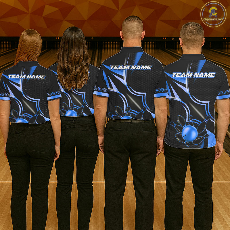 Back view of bowling team wearing matching black and blue bowling league jerseys.