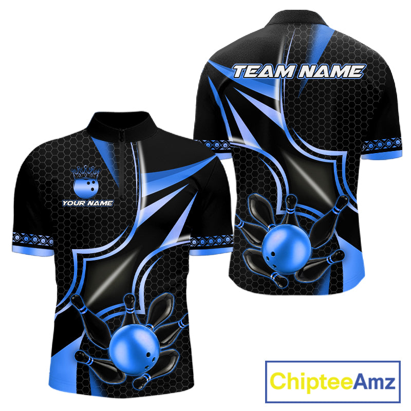 Black and blue bowling ball quarter zip bowling shirt for men, custom bowling team jersey and tournament apparel.