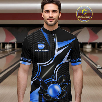 Man wearing a black and blue bowling ball quarter zip bowling shirt front view, personalized bowling team apparel.