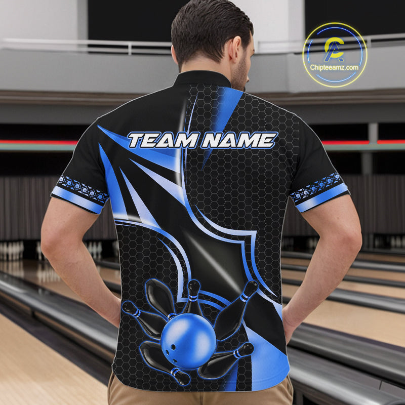 Back view of man wearing a black and blue bowling ball quarter zip bowling shirt, bowling league team uniform.