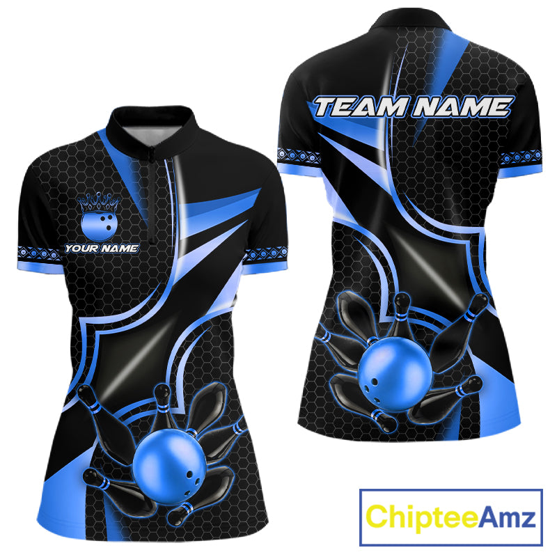 Black and blue bowling ball quarter zip bowling shirt for women, custom bowling team jersey and tournament apparel.
