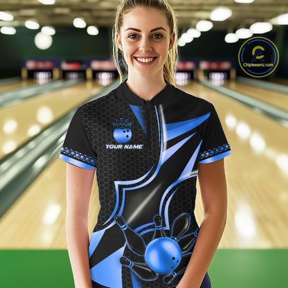 Woman wearing a black and blue bowling ball quarter zip bowling shirt front view, personalized bowling team apparel.
