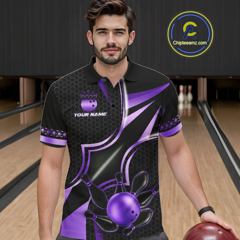 Man wearing a black and purple bowling polo shirt front view, custom bowling league jersey for men.