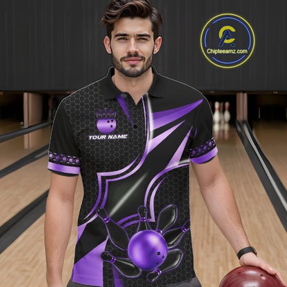 Man wearing a black and purple bowling polo shirt front view, custom bowling league jersey for men.