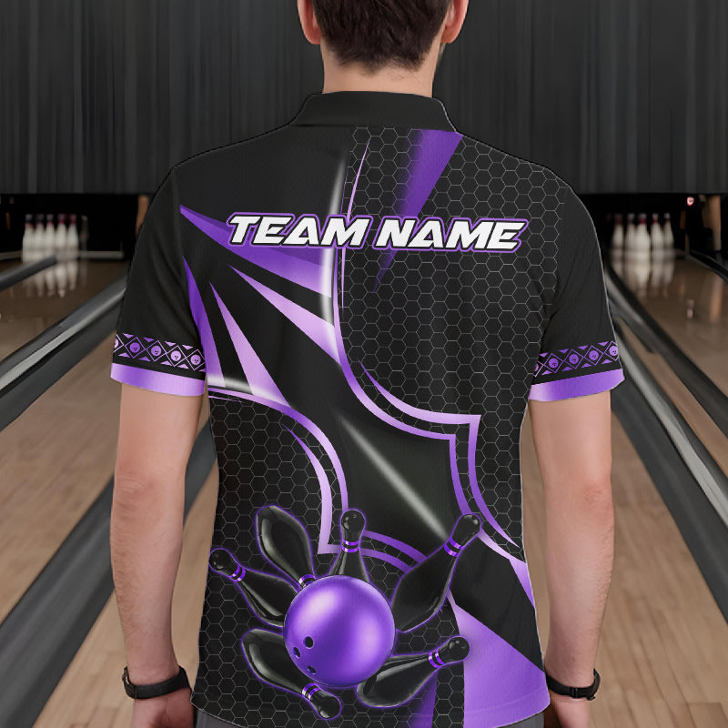 Back view of man wearing a black and purple bowling polo shirt, custom bowling team jersey design.