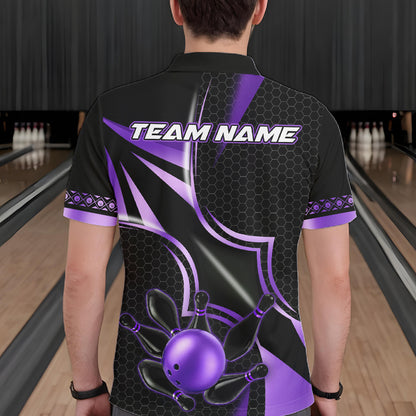 Back view of man wearing a black and purple bowling polo shirt, custom bowling team jersey design.