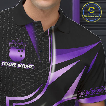 Close up of collar, chest and button details on a black and purple men's bowling polo shirt.