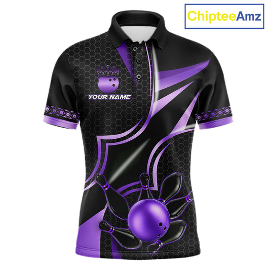Black and purple custom bowling polo shirt for men, personalized bowling team jersey for league tournaments.