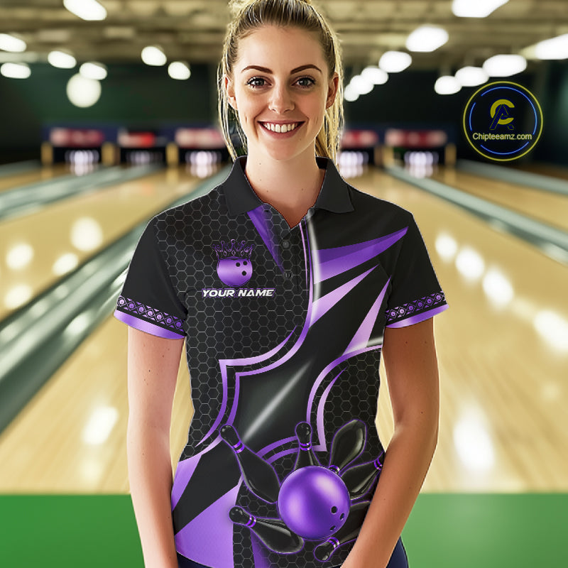 Woman wearing a black and purple bowling polo shirt front view, custom bowling league jersey for women.