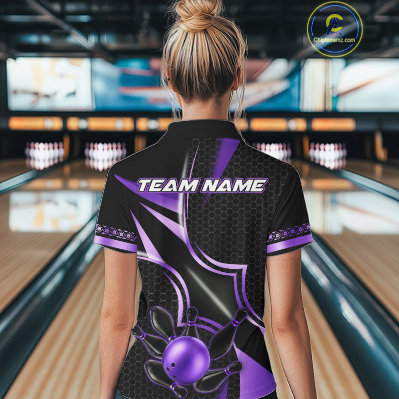 Back view of woman wearing a black and purple bowling polo shirt, custom bowling team jersey design.