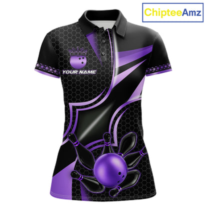 Black and purple custom bowling polo shirt for women, personalized bowling team jersey for league tournaments.