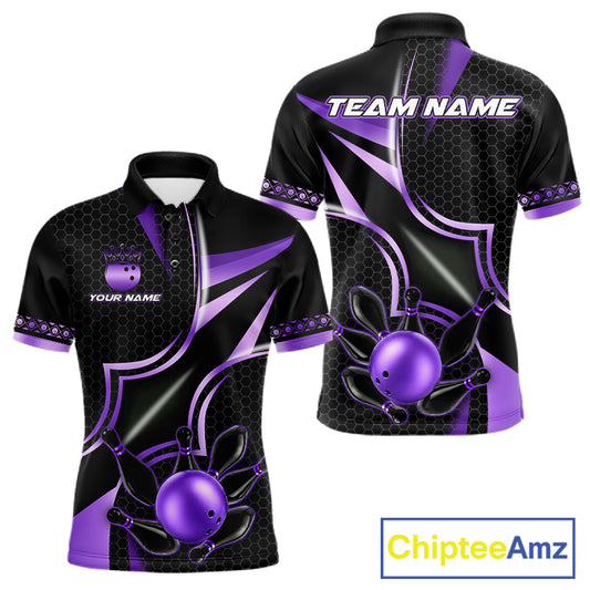Black and purple bowling team polo shirt for men with custom league and tournament graphics.