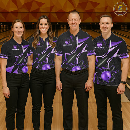Bowling team wearing matching black and purple custom bowling jerseys front view.
