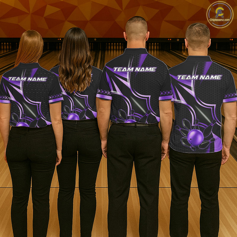 Back view of bowling team wearing matching black and purple bowling league jerseys.