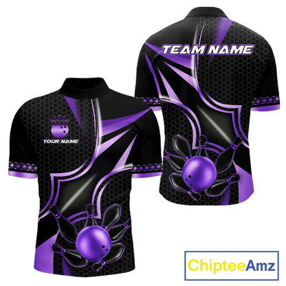 Black and purple quarter zip bowling shirt for men, custom bowling team jersey and tournament apparel.